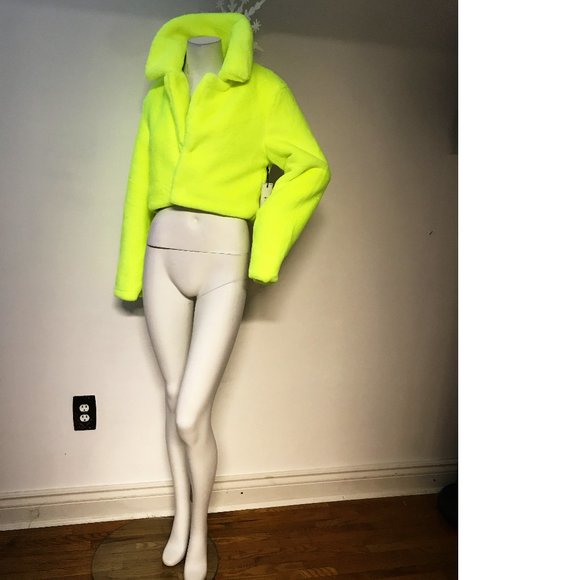 NWT F21 Forever Teddy Plush Fur Jacket Coat Neon Yellow Lime Green Cozy Soft - Picture 1 of 4